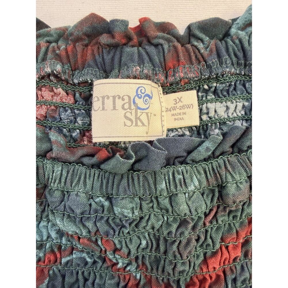 Terra & Sky Blouse Womens 3X 24/26 Blue Red Smocked Short Bell Sleeve Boho - Picture 7 of 10